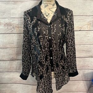 AZI Leopard Blouse Top Button Down Size XS A.Z.I. Sheer Metallic Crystal Buttons